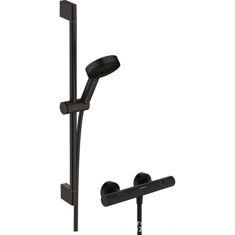 System prysznicowy z drążkiem 65 cm i termostatyczną baterią czarny mat Pulsify Select S Hansgrohe (24262670)
