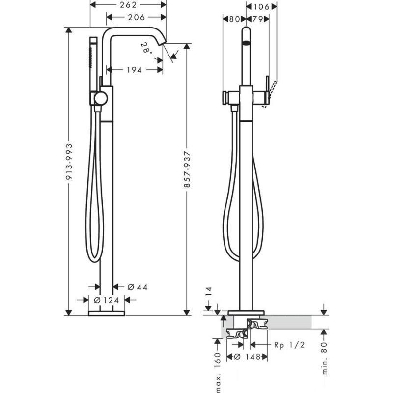 Bateria wannowa, wolnostojąca czarny chrom Szczotkowany Tecturis S Hansgrohe (73440340)